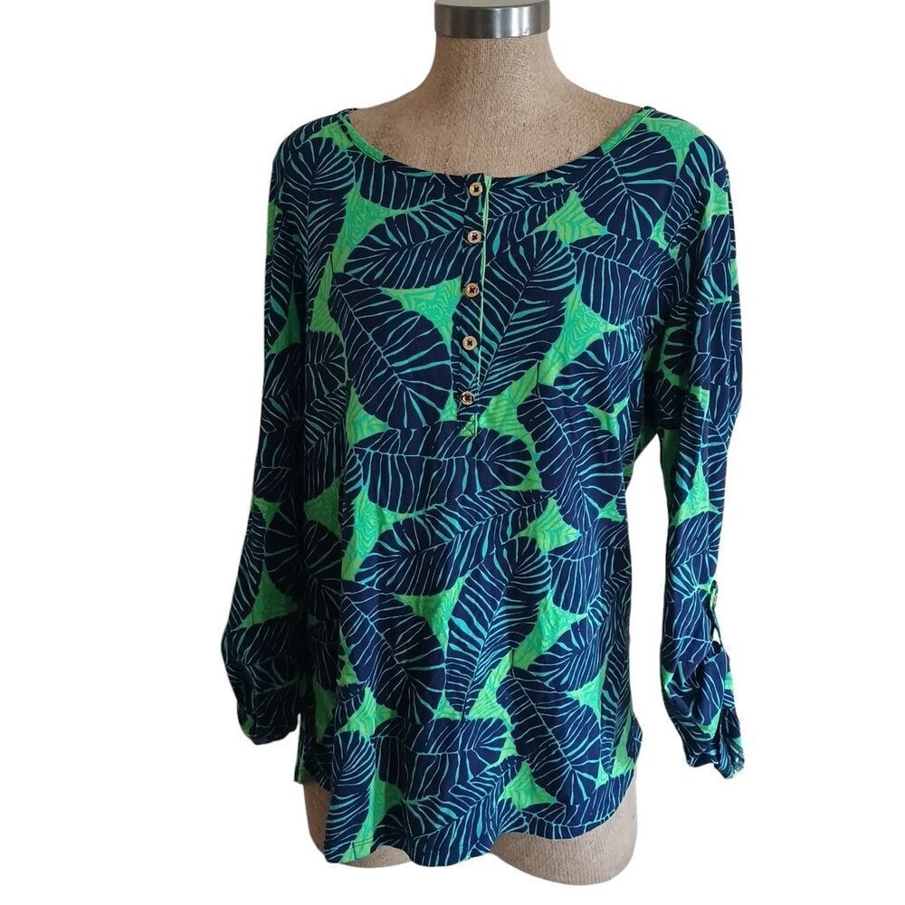 Lilly Pulitzer Tunic XL Blue Green Floral Flowy Top Roll Tab Sleeve Top
